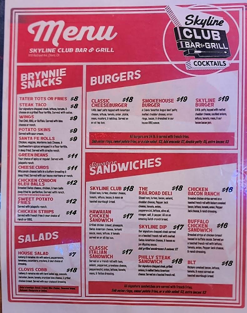 Skyline Club Menu
